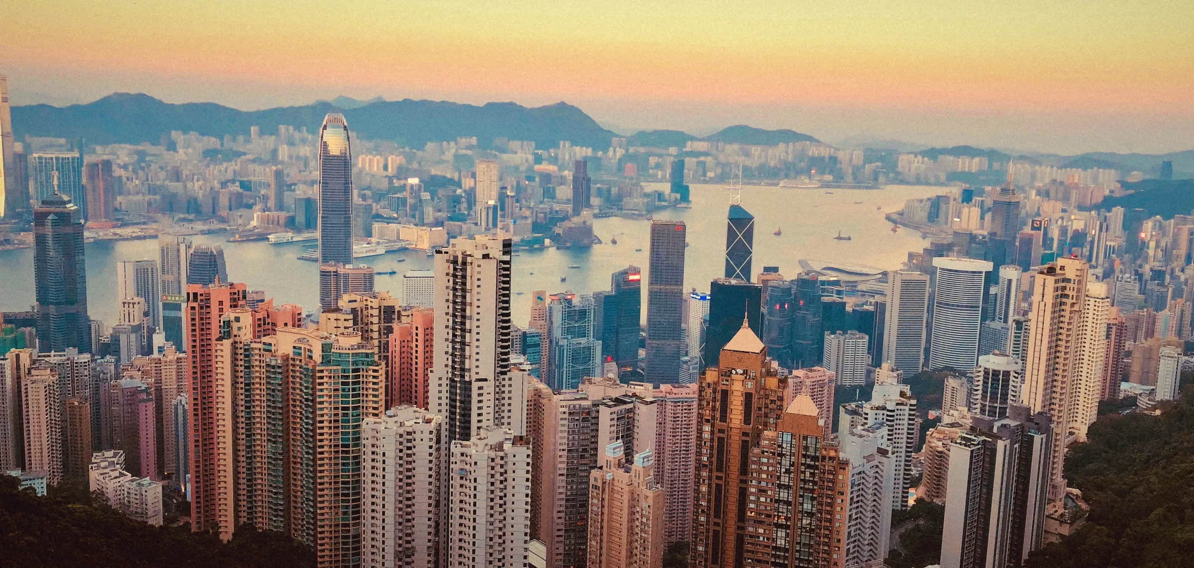 Hong Kong skyline and Victoria Harbour from the Peak at sunset